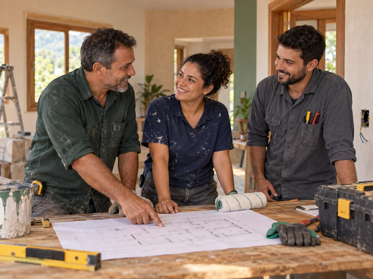 Três profissionais da construção conversando sobre um projeto na obra.